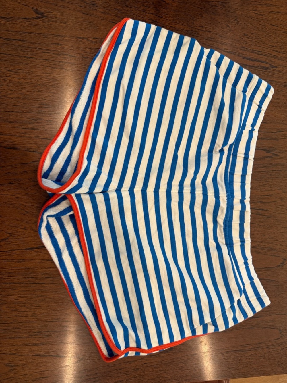 Blue & White Striped Athletic Shorts with Orange Trim